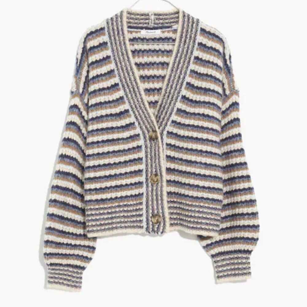 Madewell Waller Cardigan Sweater Women’s Small Striped Wool Cropped Cream Blue - Picture 2 of 9